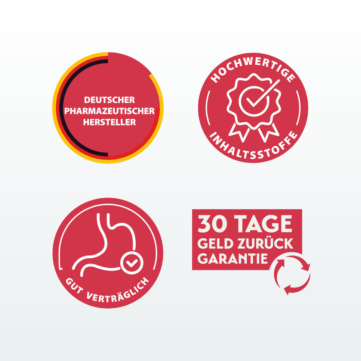 Vier Qualitätssiegel zu pureSGP: deutscher pharmazeutischer Hersteller, hochwertige Inhaltsstoffe, gut verträglich und 30 Tage Geld-zurück-Garantie.