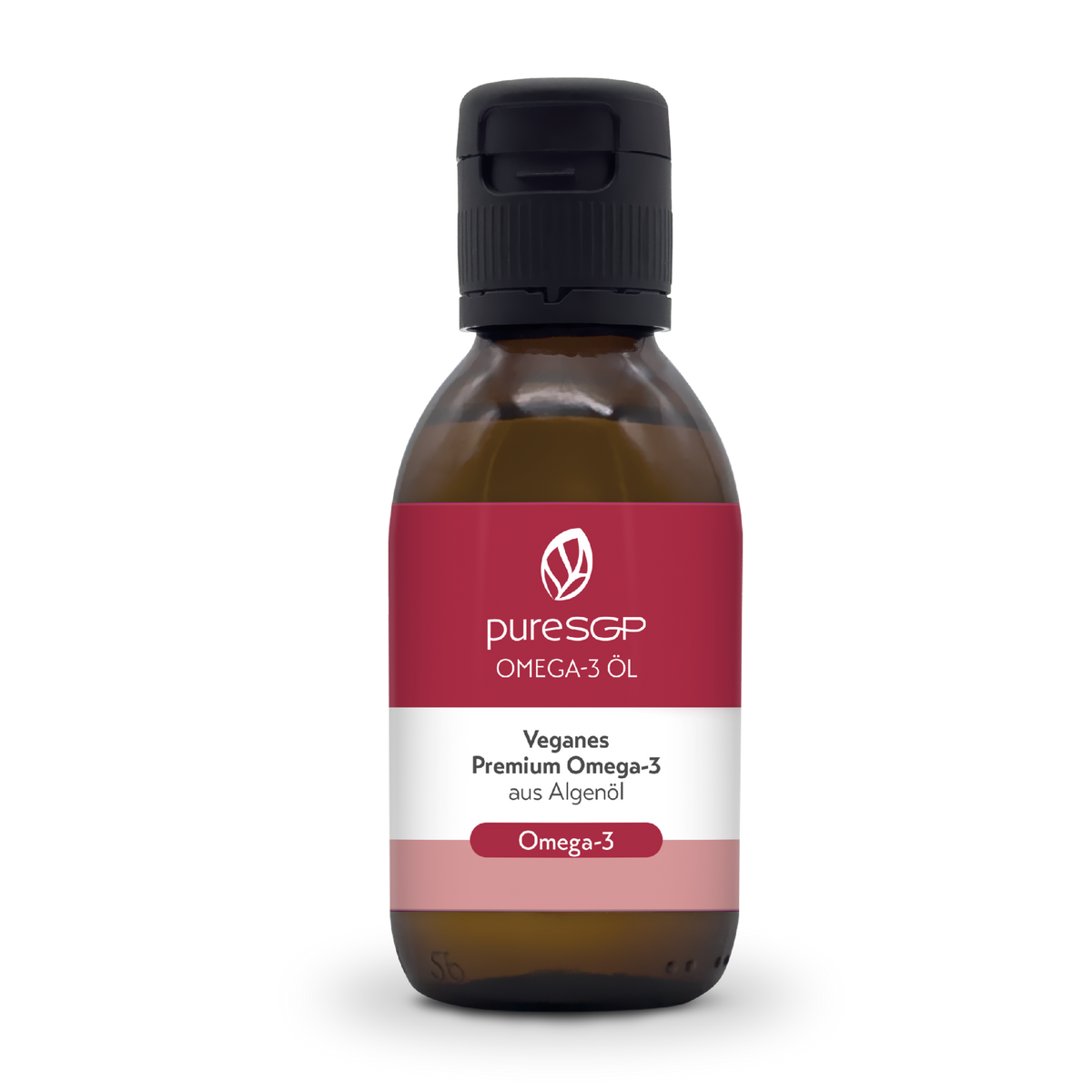 Freigestellte Produktabbildung von einer braunen Flasche pureSGP Omega-3 Öl mit pink-weißem Etikett.