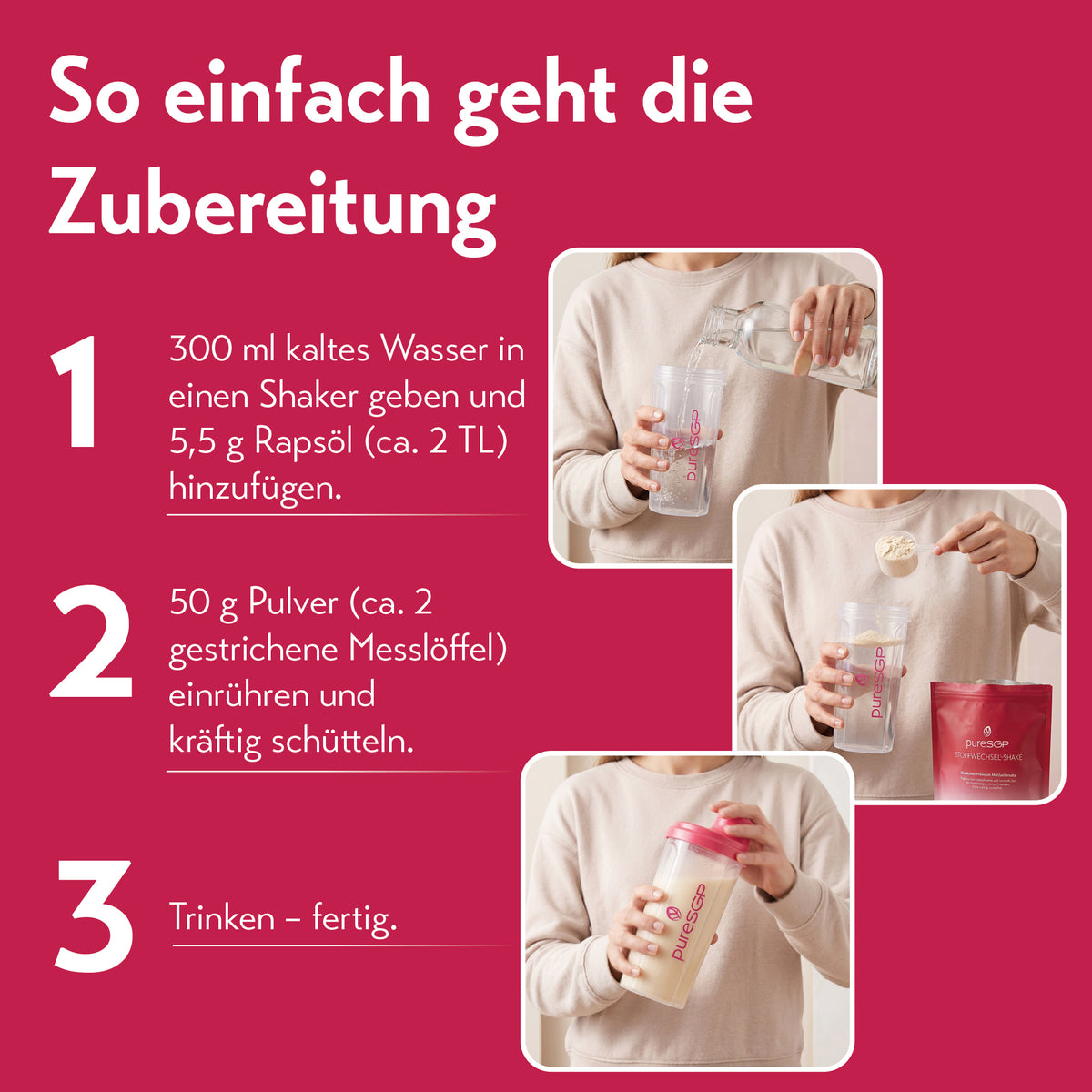 Die Grafik zeigt die Zubereitung des PureSGP-Stoffwechselshakes in drei Schritten: Zuerst werden 300 ml kaltes Wasser und 5,5 g Rapsöl in einen Shaker gegeben. Anschließend kommen 50 g Pulver hinzu, das eingerührt und kräftig geschüttelt wird. Danach ist der Shake trinkfertig.