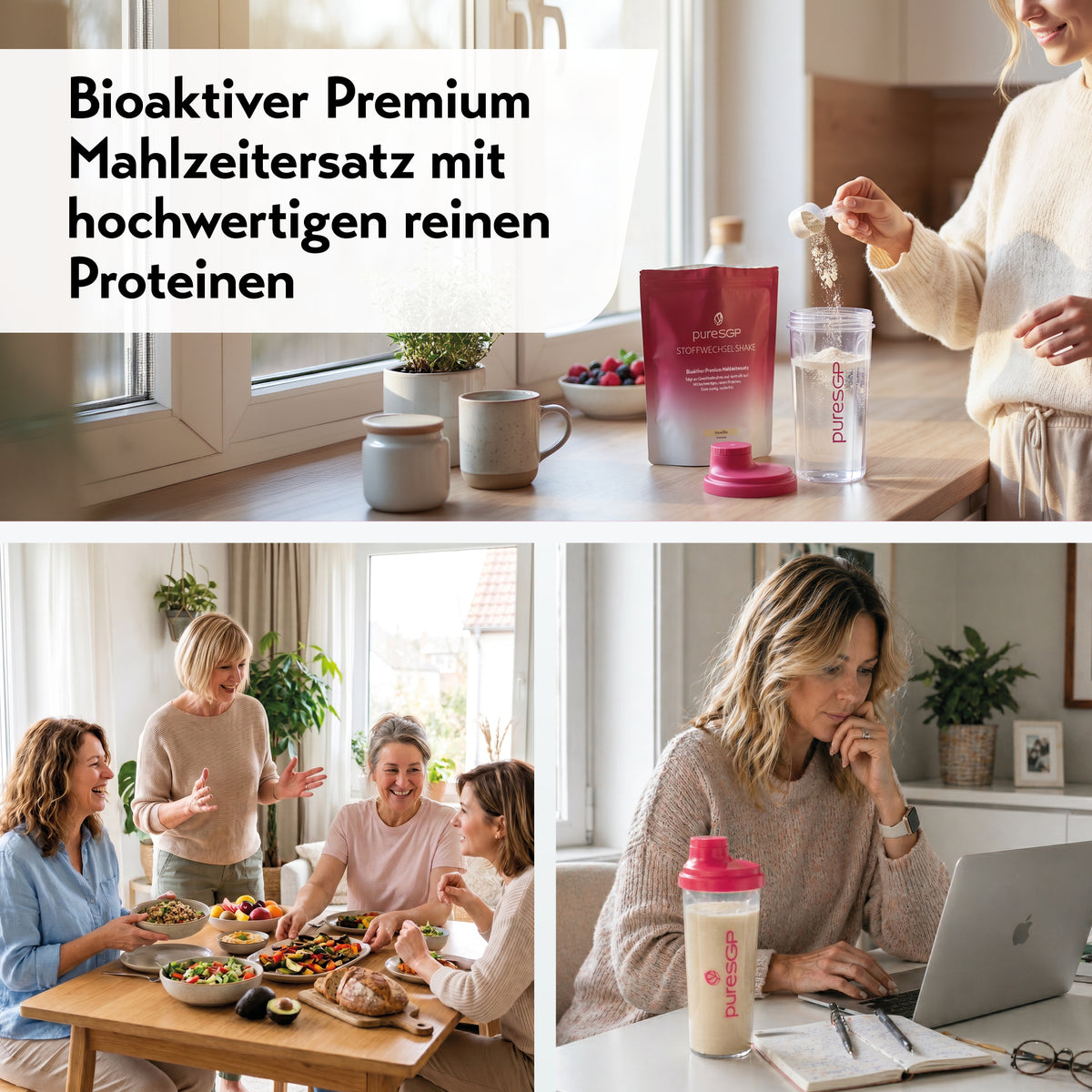 Collage zu pureSGP Stoffwechsel-Shake: Zubereitung in der Küche, gemeinsame Mahlzeit mit Freundinnen am Tisch und Frau mit Shaker am Laptop.
