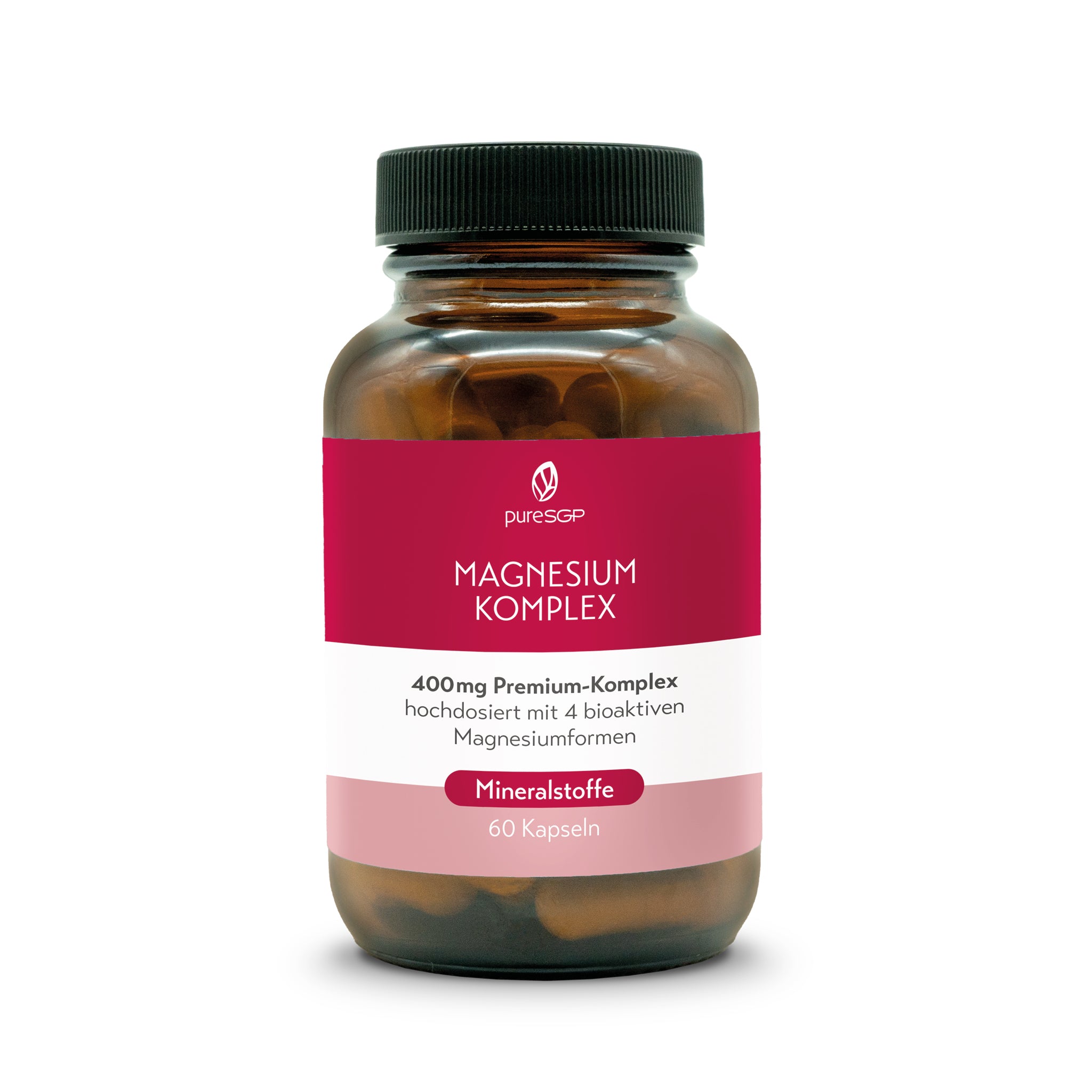 Zusehen ist die braune Glasflasche pureSGP Magnesium Komplex. Das Etikett ist pink und weiß, beschriftet mit 'MAGNESIUM KOMPLEX', '400mg Premium-Komplex hochdosiert mit 4 bioaktiven Magnesiumformen' und 'Mineralstoffe, 60 Kapseln'