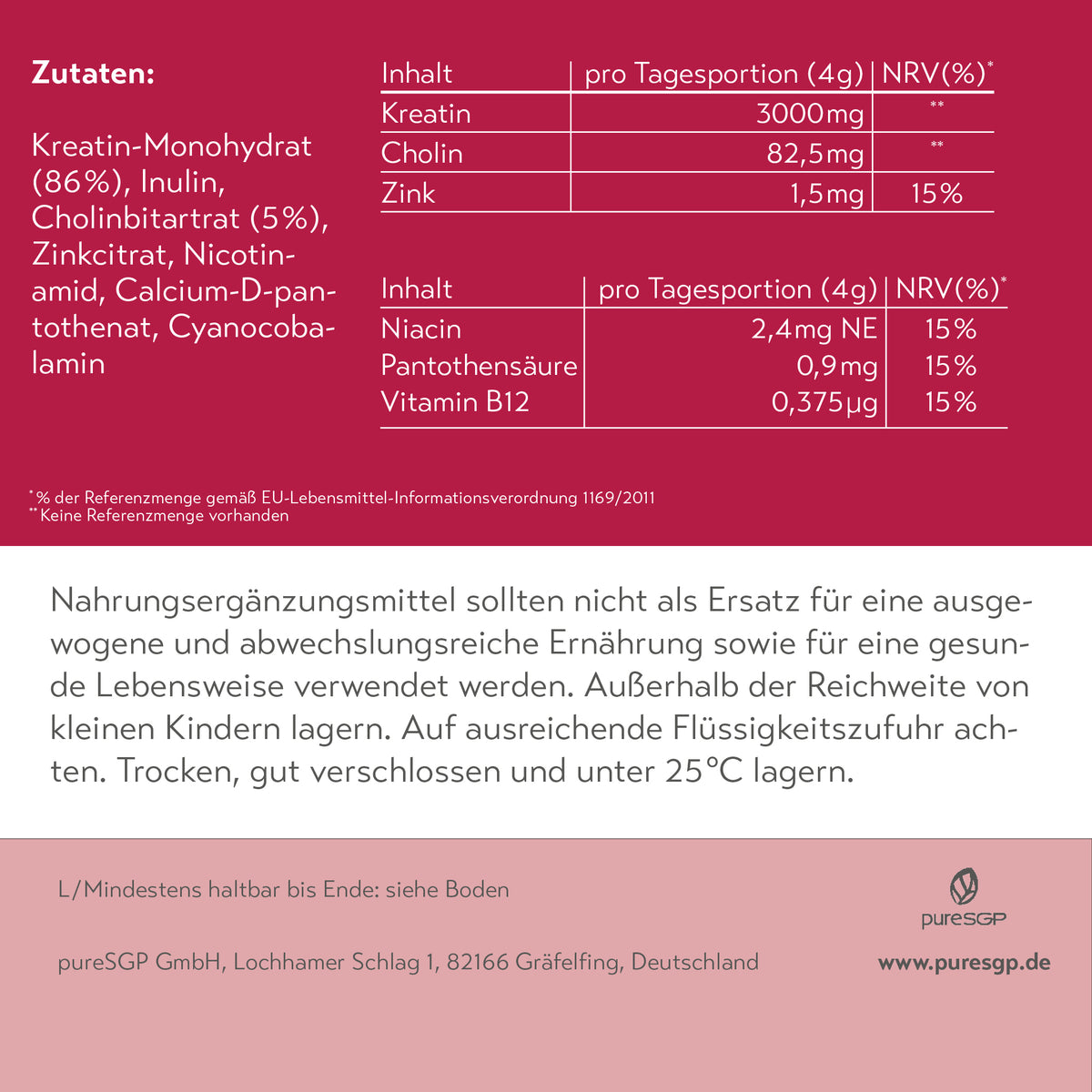 Rückseite von pureSGP Kreatin mit Zutaten, Nährwertangaben pro Tagesportion, Lagerhinweisen, Herstelleradresse und Website.