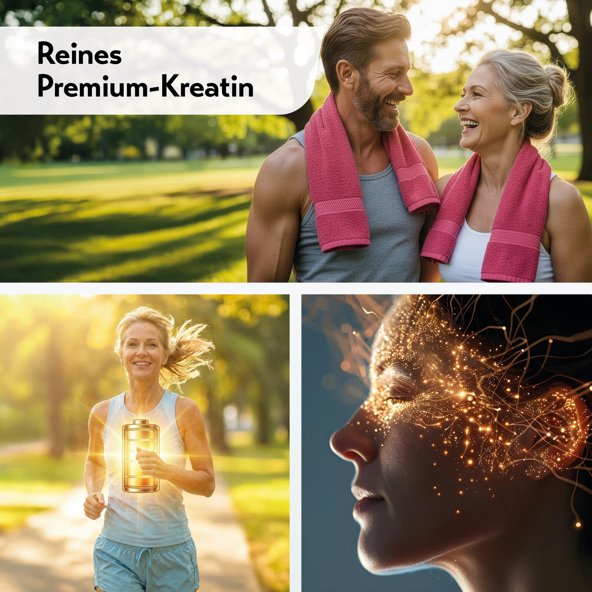 Collage mit Schriftzug „Reines Premium-Kreatin“, einem lachenden Mann und einer Frau mit rosa Handtüchern im Park, einer joggenden Frau mit Batterie-Symbol und einem seitlichen Frauengesicht mit leuchtendem Netzwerk.