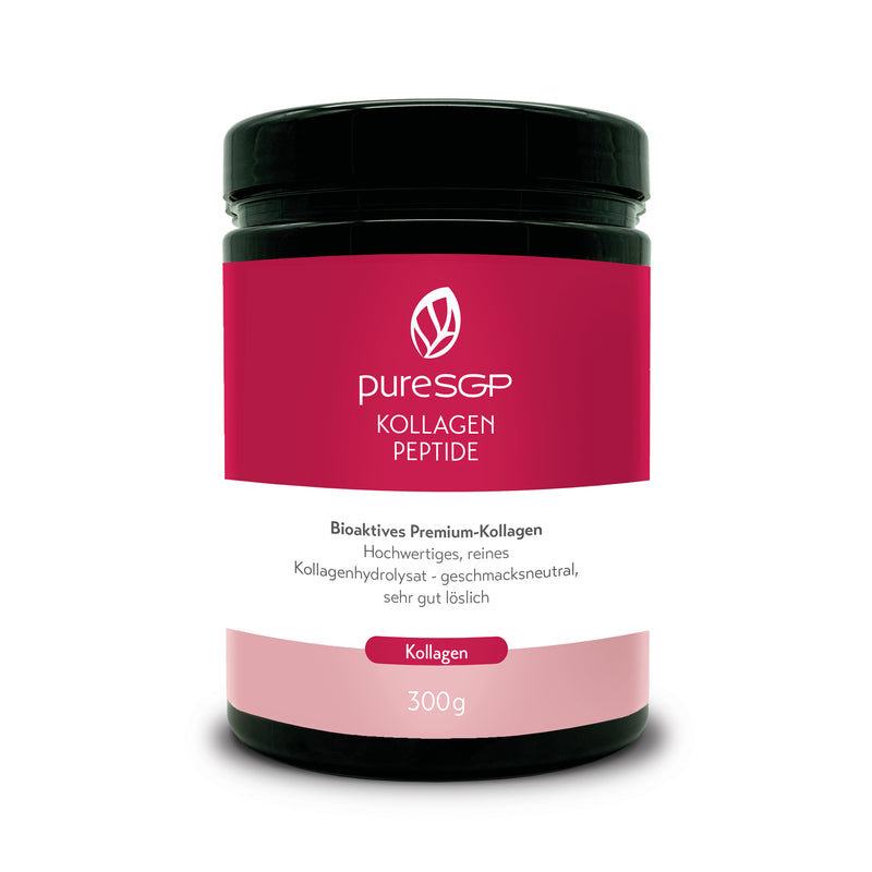 Das Bild zeigt die schwarze Verpackung des pureSGP Kollagens. Das rosafarbene Etikett mit dem Logo und dem Schriftzug "KOLLAGEN PEPTIDE" hebt hervor, dass es sich um "Bioaktives Premium-Kollagen" handelt, das "hochwertig, rein, geschmacksneutral und sehr gut löslich" ist. Es sind 300g enthalten