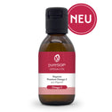 Freigestellte Produktabbildung einer braunen Flasche pureSGP Omega-3 Öl mit pink-weißem Etikett. Oben rechts steht in einem pinken Kreis der Schriftzug „NEU“.