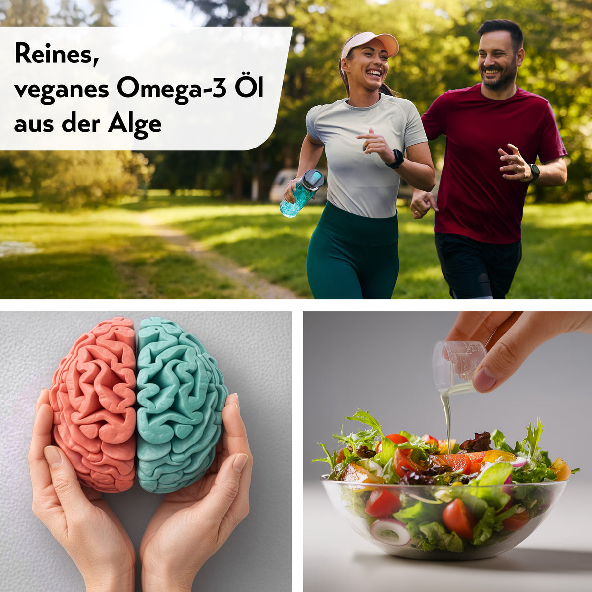 Collage zu veganem Omega-3-Öl mit joggendem Paar, Modell eines Gehirns in Händen und Salat mit pureSGP Omega-3 Öl.