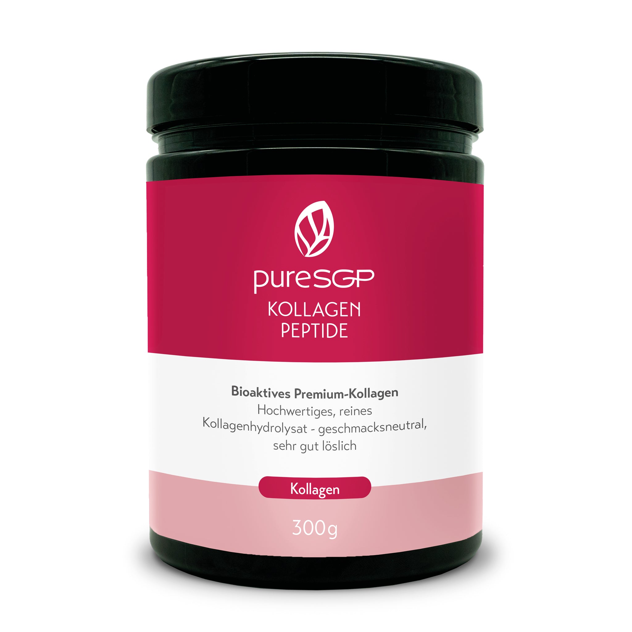 Schwarze Dose mit pinkem Etikett der Marke pureSGP, Produktname: Kollagen Peptide, 300 g – neutrales, gut lösliches Kollagenpulver