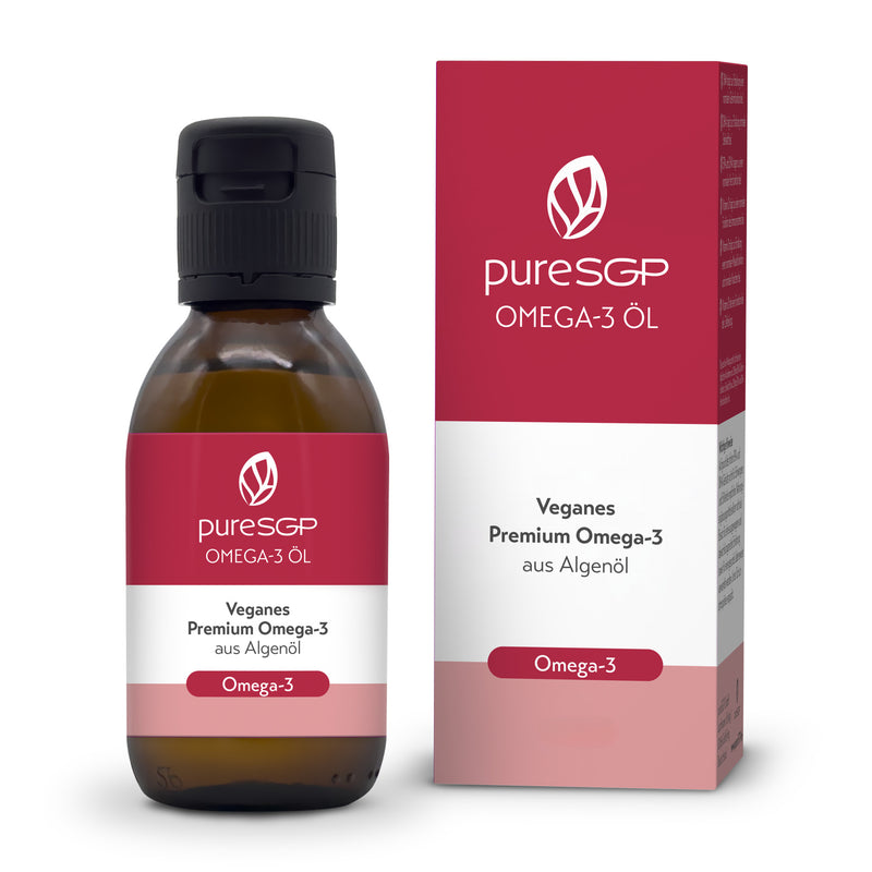 Freigestellte Produktabbildung von einer braunen Flasche pureSGP Omega-3 Öl mit pink-weißem Etikett und OVP.