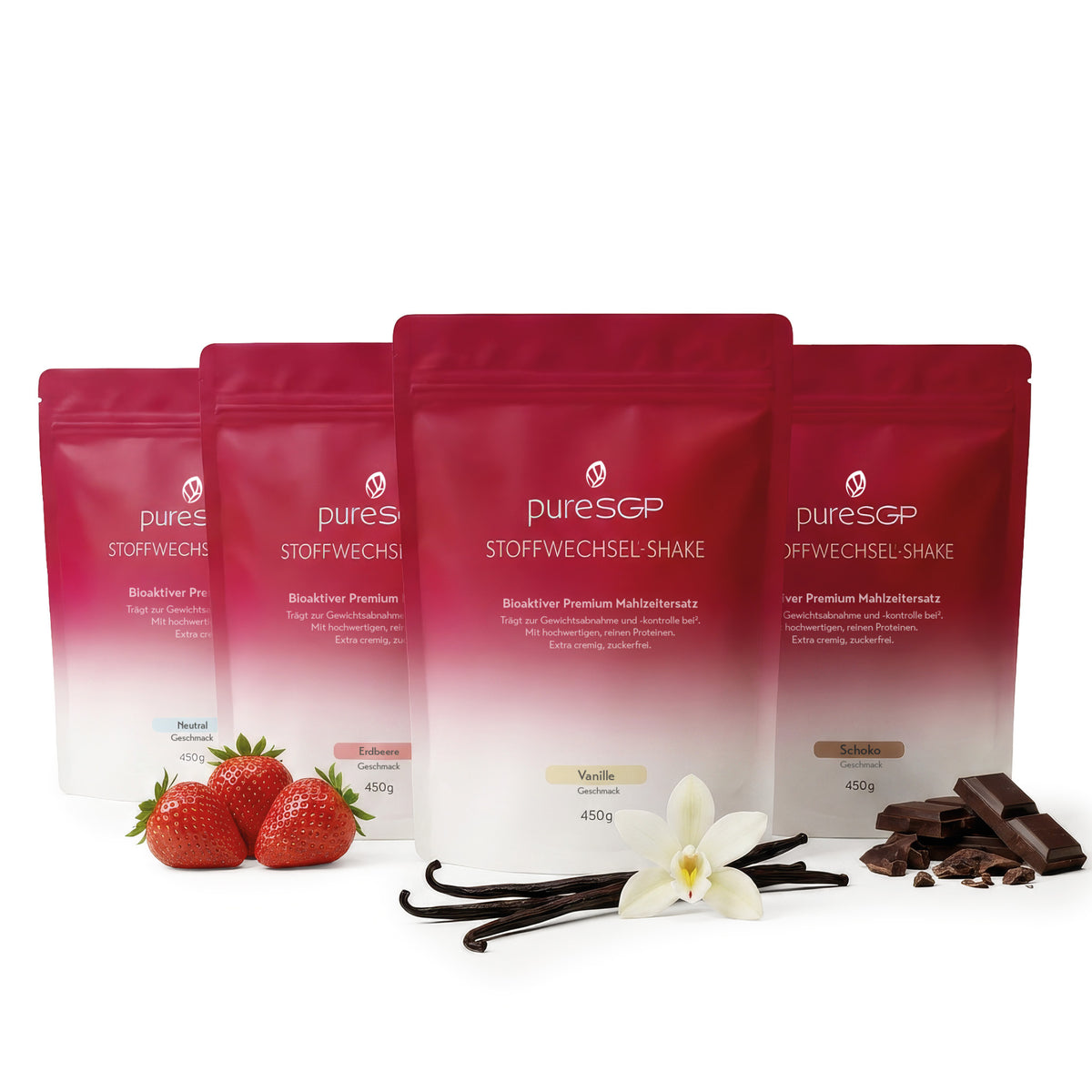 Vier PureSGP Stoffwechsel-Shakes als Beutel in den Sorten Neutral, Erdbeere, Vanille und Schoko, jeweils 450 g.