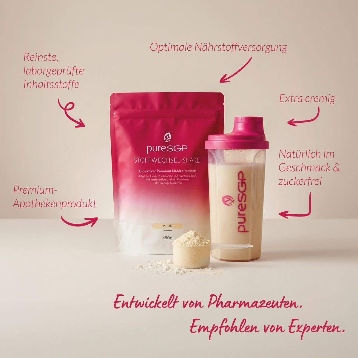 pureSGP Stoffwechsel-Shake mit Shaker und Messlöffel, ergänzt um Hinweise zu Inhaltsstoffen, Geschmack, Cremigkeit und Nährstoffversorgung.