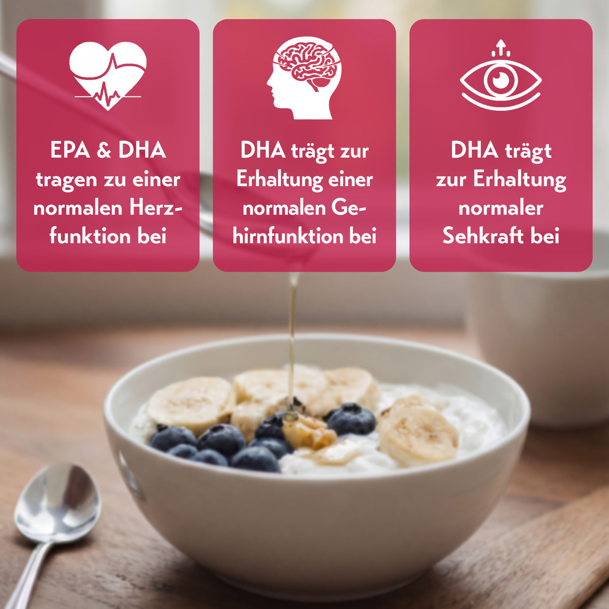 Schale mit Joghurt, Banane und Heidelbeeren, darüber Hinweise auf Herzfunktion, Gehirnfunktion und Sehkraft durch EPA und DHA.