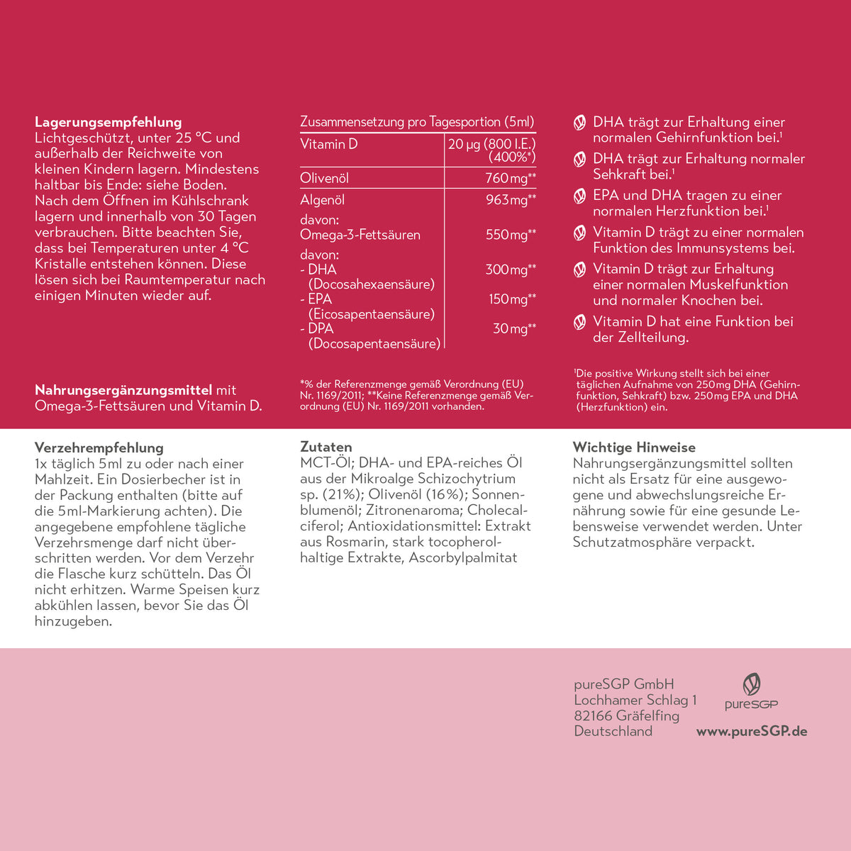 Produktinformation zu pureSGP Omega-3 Öl mit Zusammensetzung pro Tagesportion, Verzehrempfehlung, Zutaten, Lagerung und gesundheitlichen Hinweisen.