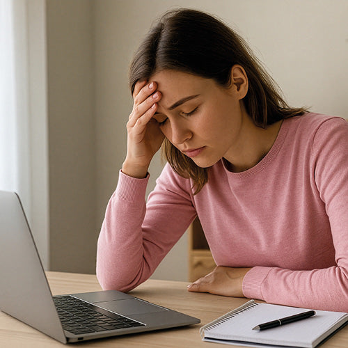 Junge Frau in rosa Pullover sitzt am Tisch vor einem Laptop, stützt die Stirn mit der Hand; daneben liegen Notizbuch und Stift.