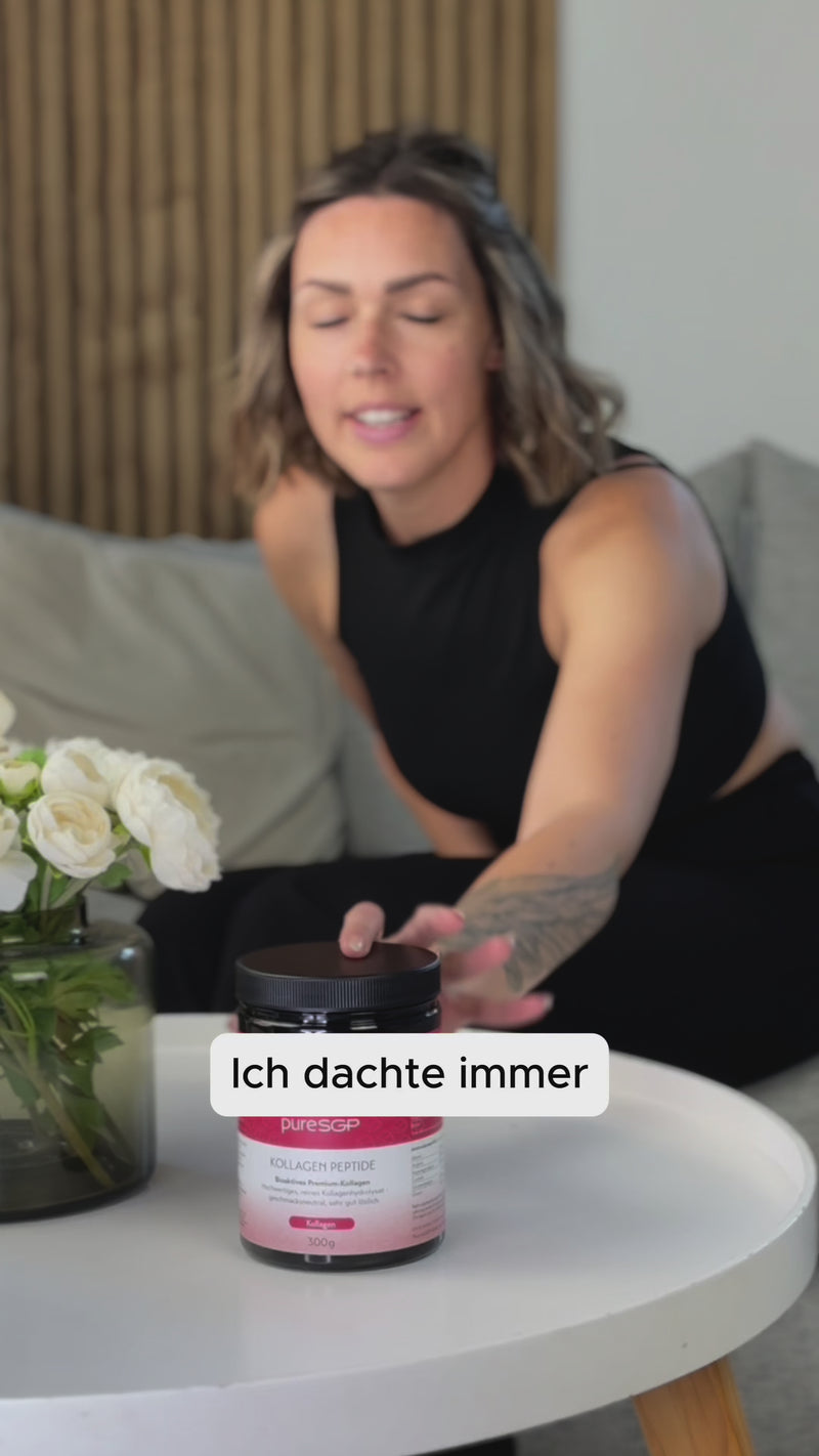 Eine Kundin erzählt begeistert über Ihre Erfahrungen mit dem puresgp Kollagen. Ab 25 Jahren reduziert der Körper stückweise die Kollagenbildung. Geschmacksneutral. 