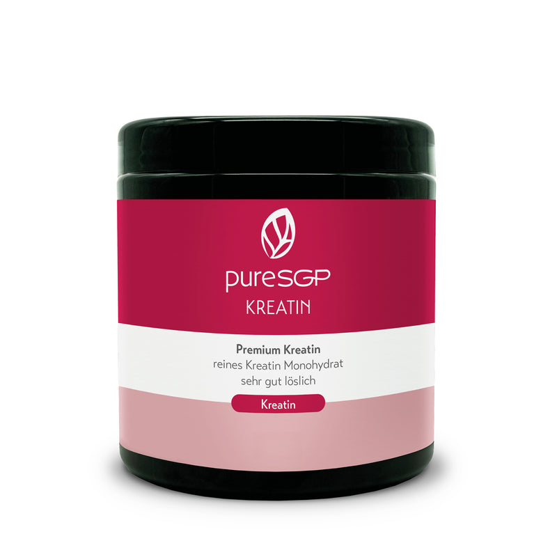 Schwarze Dose mit pink-weißem Etikett der Marke pureSGP, Produktname Kreatin; Premium Kreatin, reines Kreatin Monohydrat, sehr gut löslich.